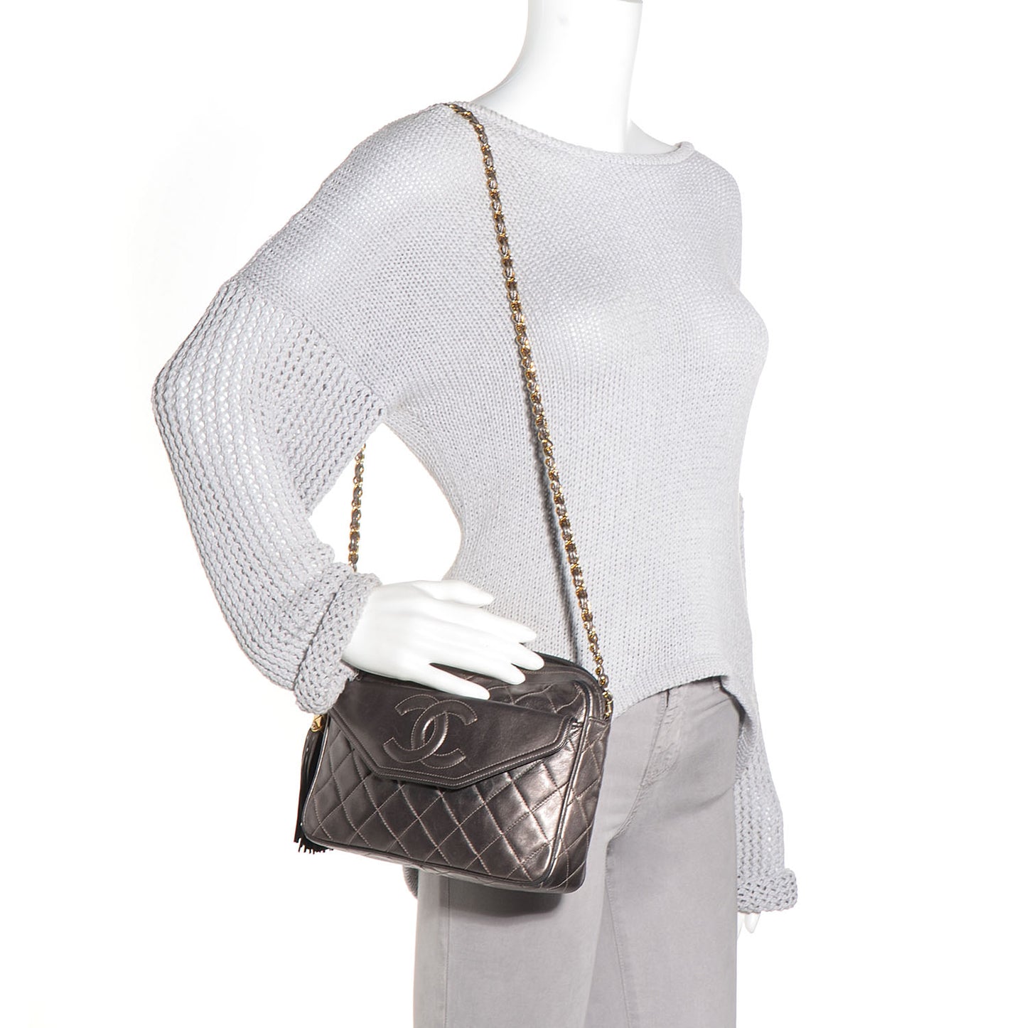 Lambskin Quilted Tassel Camera Case Dark Silver