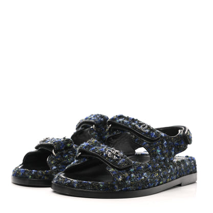Chanel Iridescent Tweed Velcro Dad Sandals 37 Navy Blue Multicolor 3 of 11