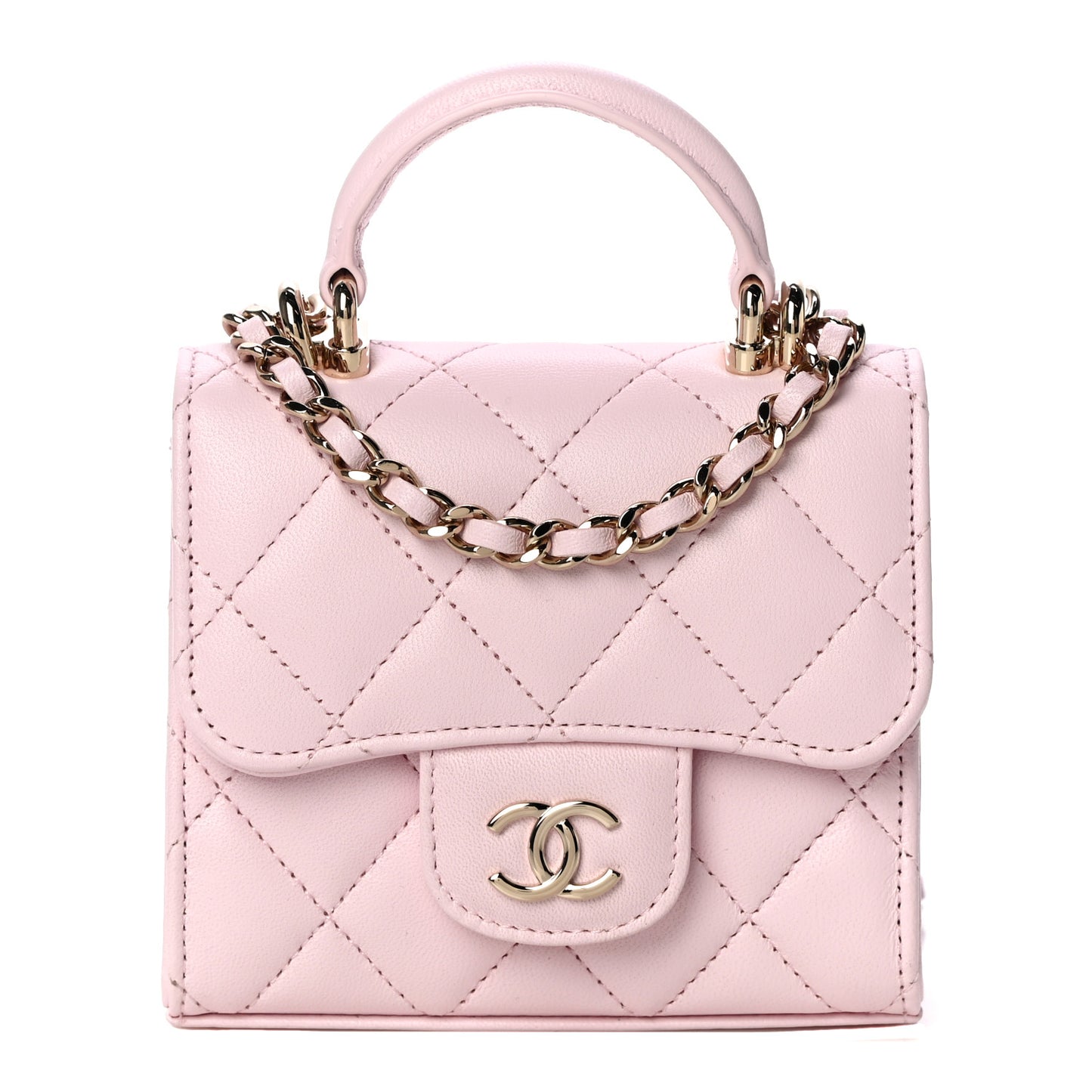 Lambskin Quilted Top Handle Clutch With Chain Light Pink