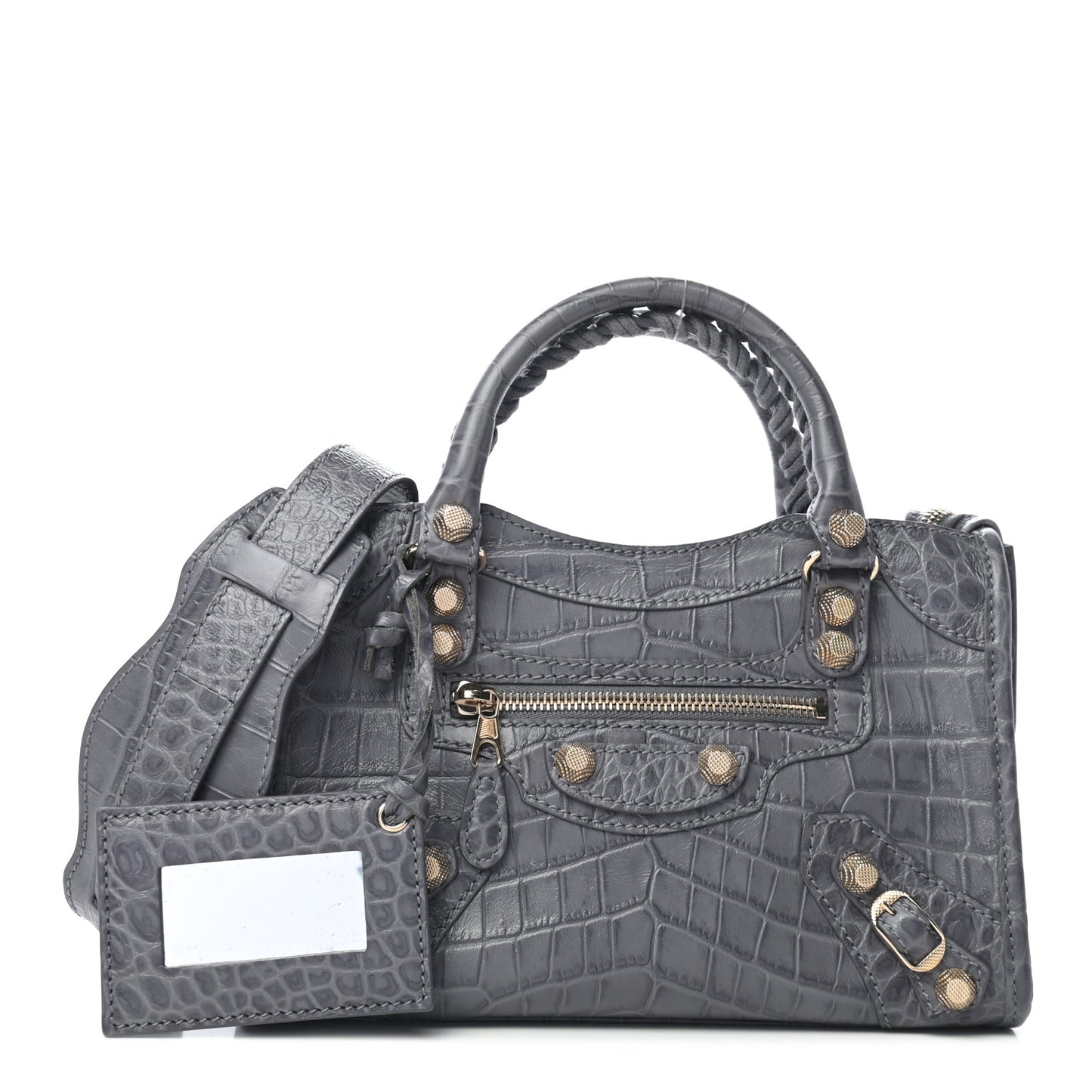Calfskin Crocodile Embossed Giant 12 Gold Hardware Mini City Gris Beton