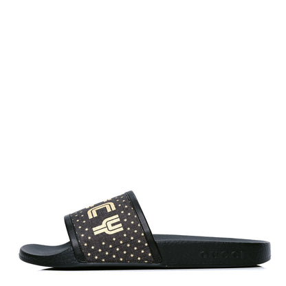 Gucci X SEGA Supreme Canvas GUCCY Stars Womens Slide Sandals 36 Black Gold 1 of 4