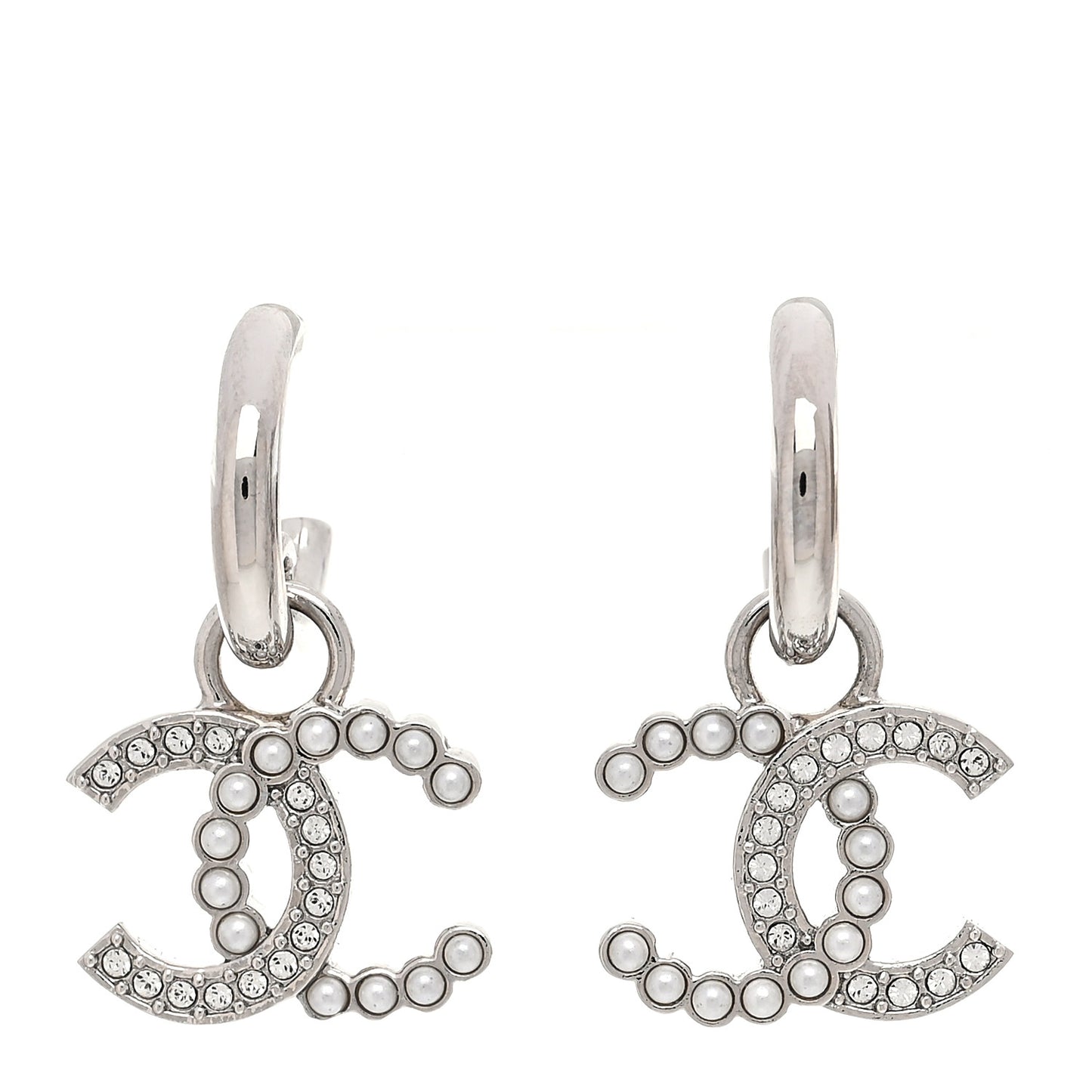 Metal Pearl Crystal CC Drop Earrings Silver