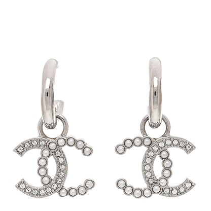 Chanel Metal Pearl Crystal CC Drop Earrings Silver 1 of 5