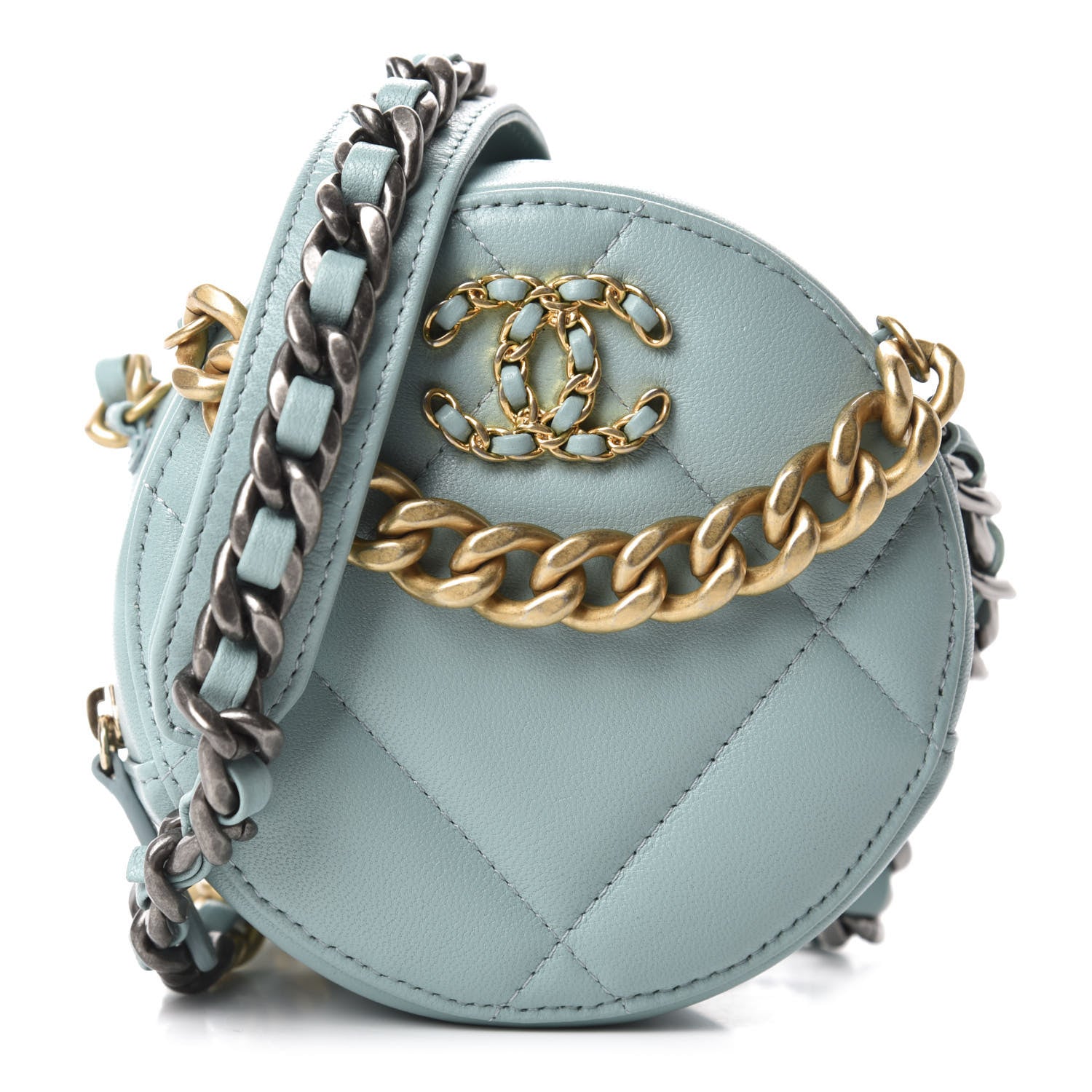 Chanel Goatskin Quilted 19 Round Clutch With Chain Light Blue 1 of 10