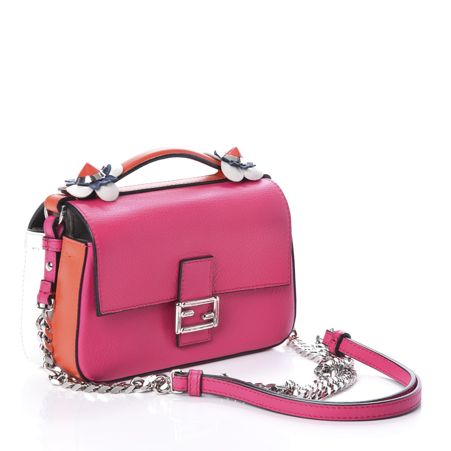 Fendi Vitello Dolce Nappa Flowerland Tri-Color Micro Double Baguette Fuxia White Ice Papavero 3 of 9