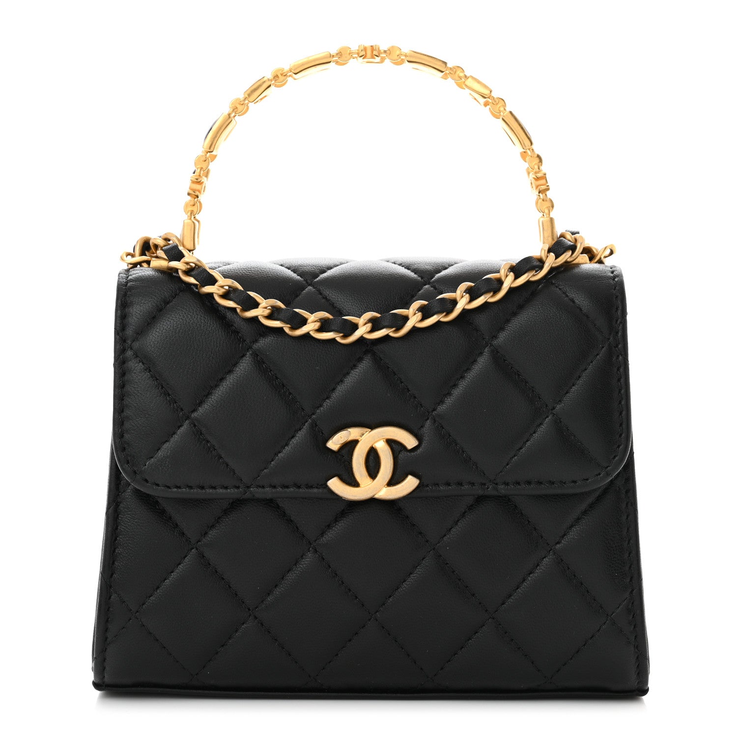 Chanel Lambskin Enamel Quilted Top Handle Flap With Chain Black 1 of 11