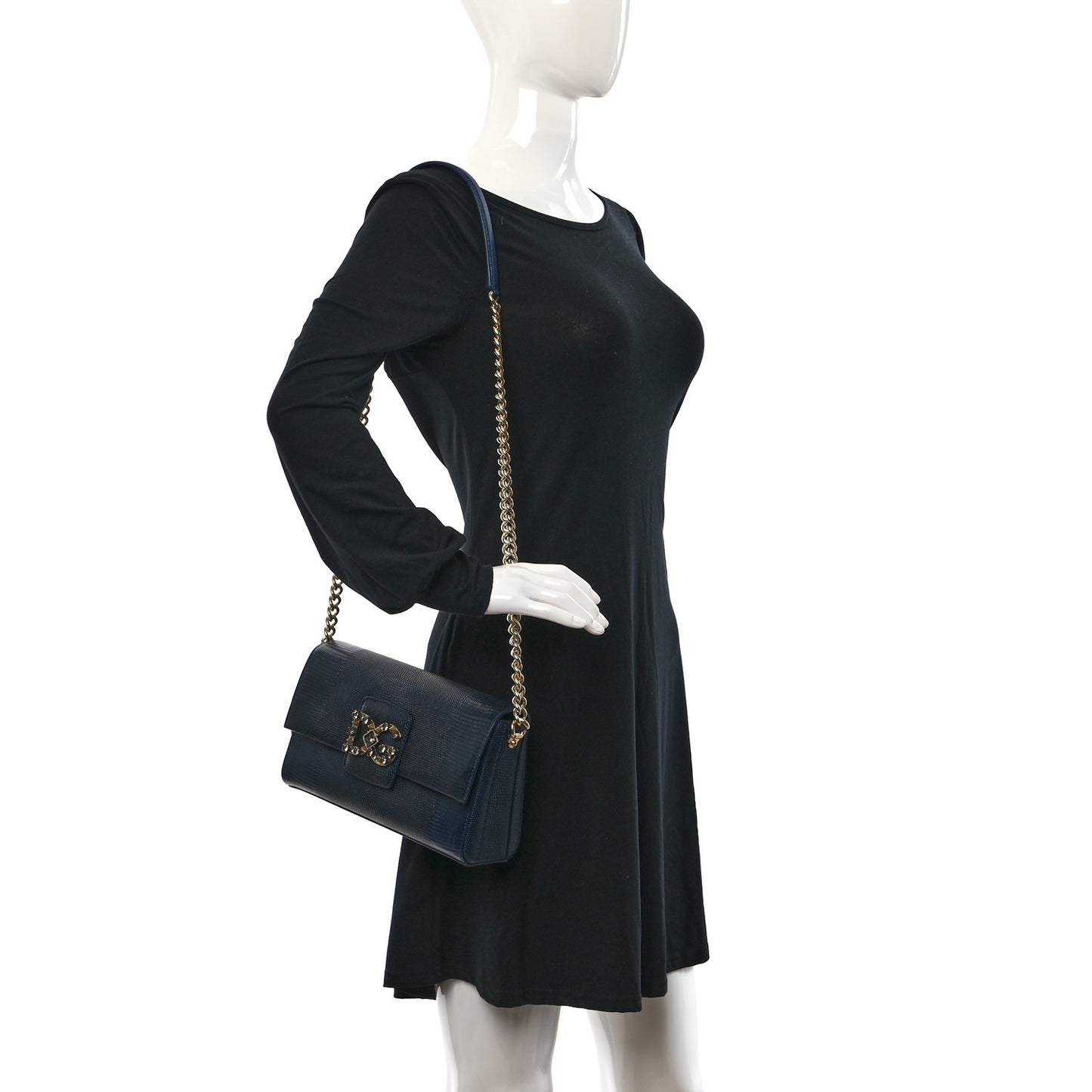 Stampa Iguana Calfskin Crystal Millennials Chain Shoulder Bag Blue