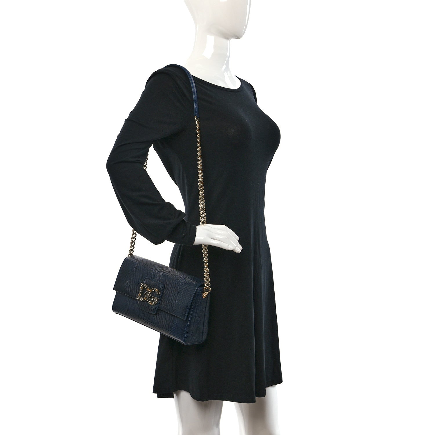 Dolce & Gabbana Stampa Iguana Calfskin Crystal Millennials Chain Shoulder Bag Blue 2 of 8