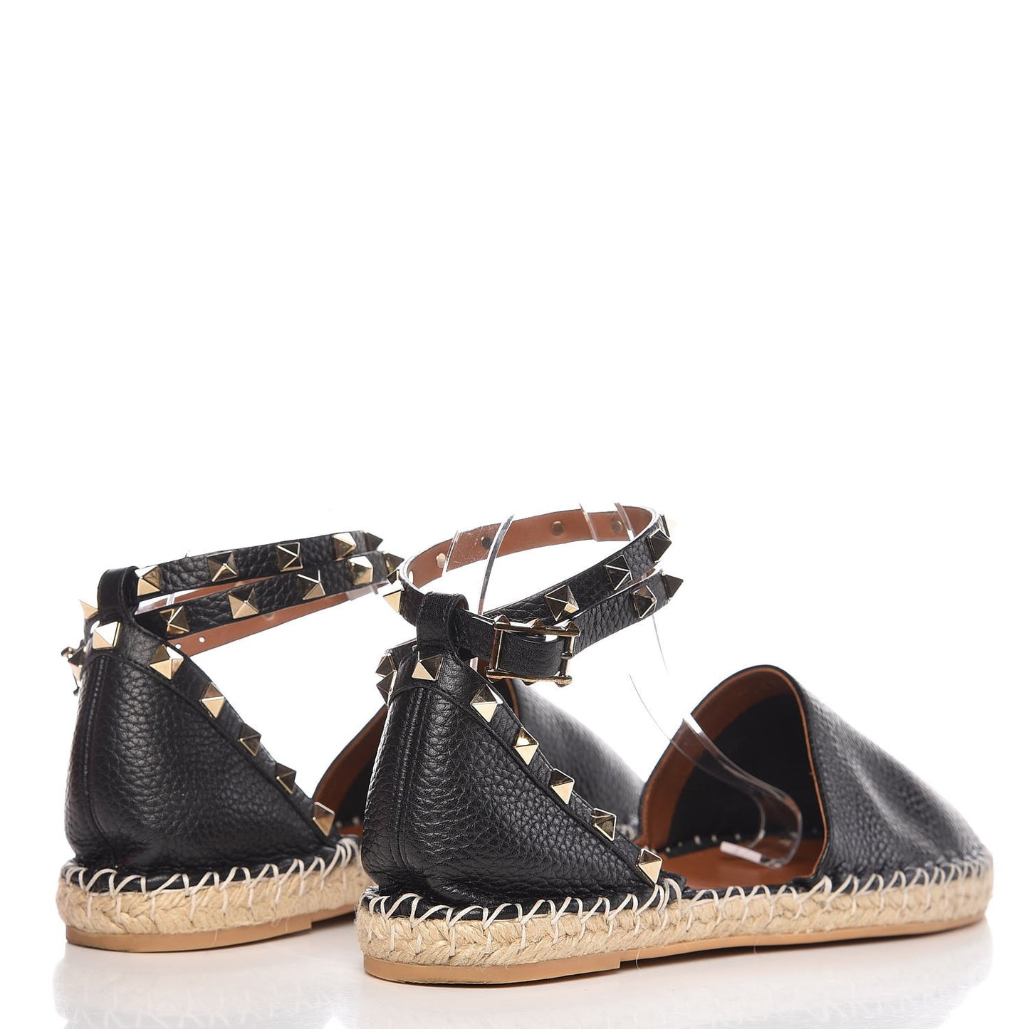 Grained Calfskin Rockstud Ankle Wrap Espadrille 20mm Flats 41 Black Light Cuir Natural