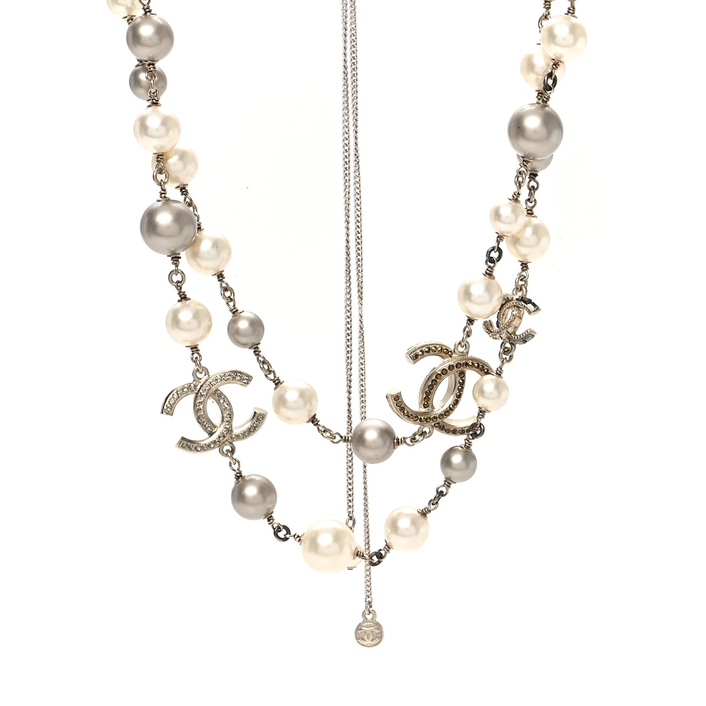 Pearl Baguette Crystal Beaded CC Long Necklace Gold Multicolor