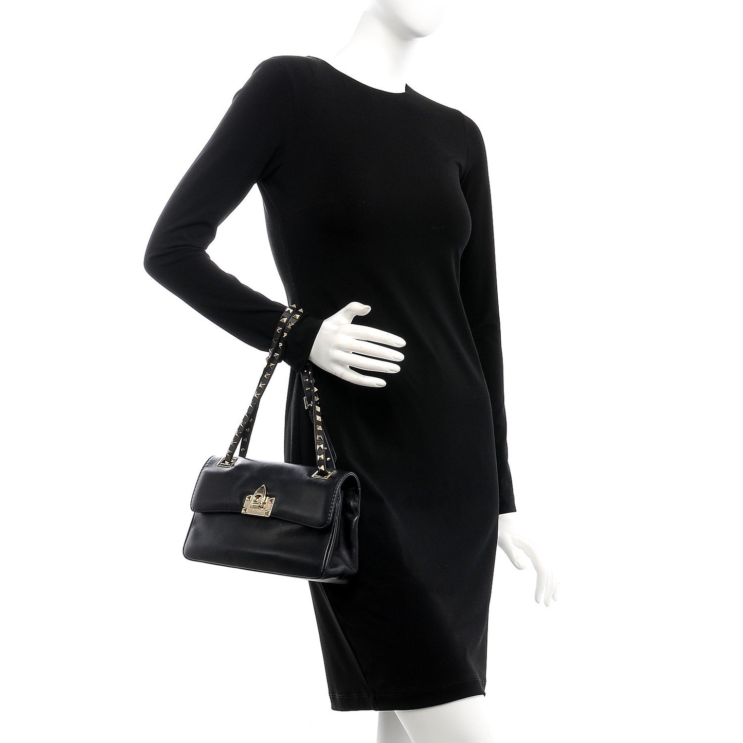 Vitello Rockstud Flip Lock Shoulder Flap Bag Black