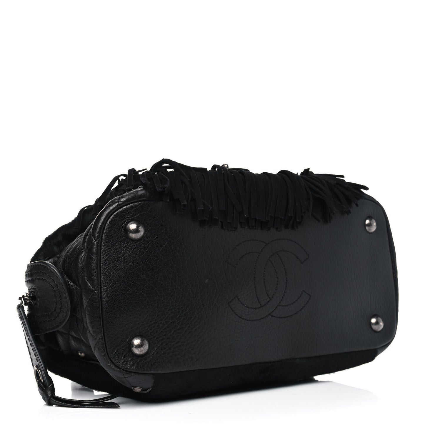 Calfskin Pony Hair Fringe Bowling Bag Black