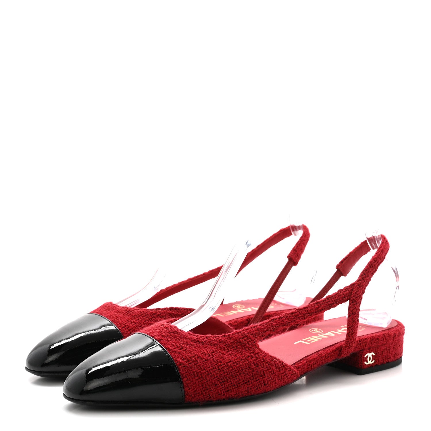 Chanel Tweed Patent Cap Toe CC Slingback Flats 39 Red Black 4 of 10