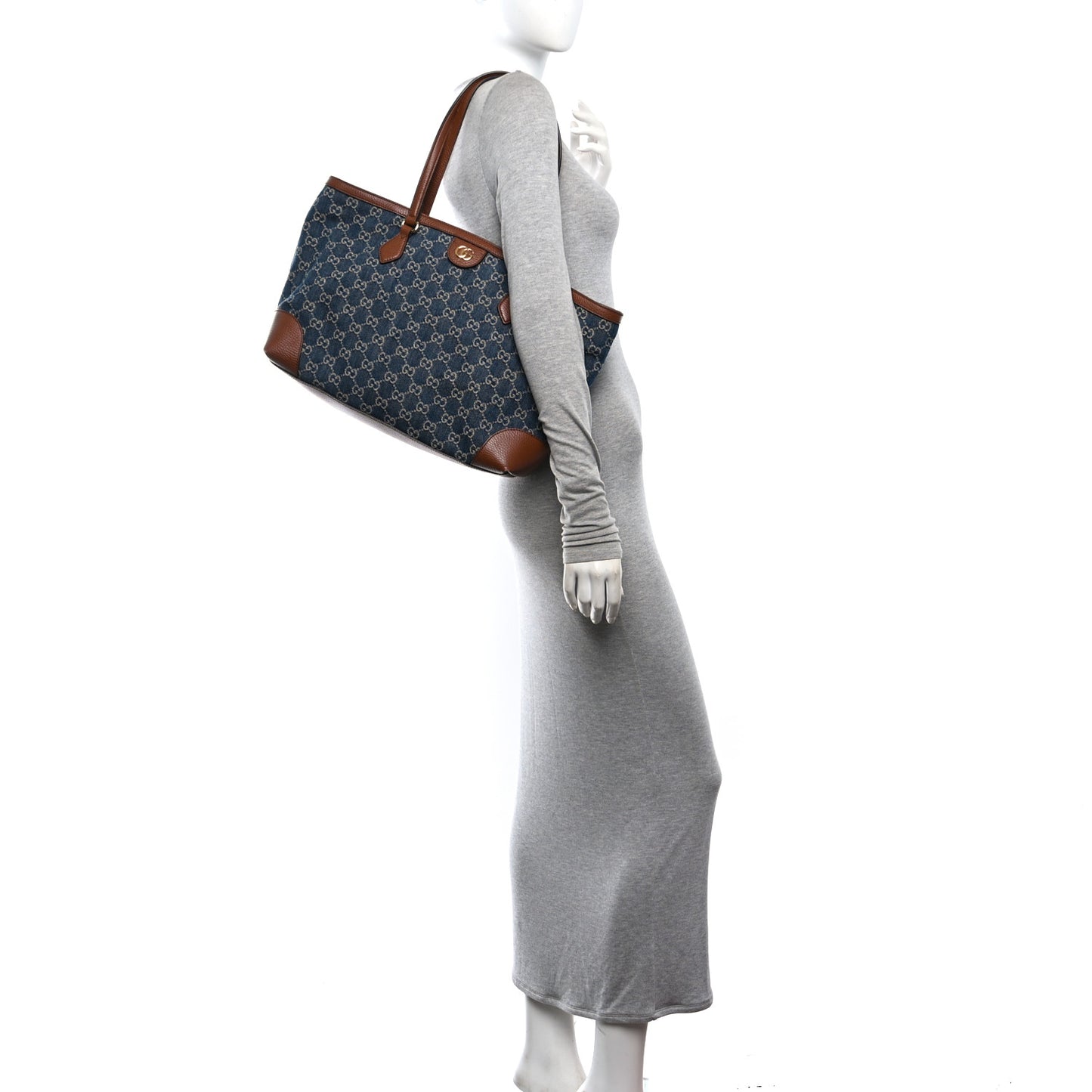 New Denim GG Monogram Medium Ophidia Shopping Tote Blue Tea Cuir