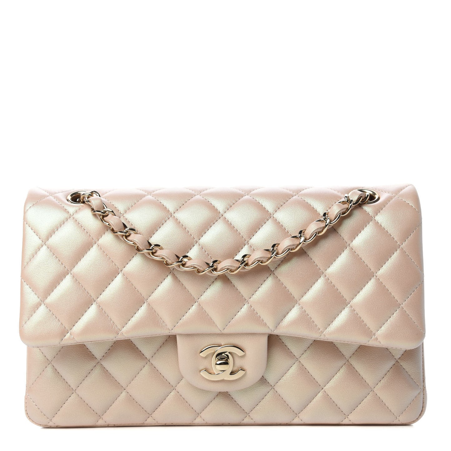 Iridescent Calfskin Quilted Medium Double Flap Beige