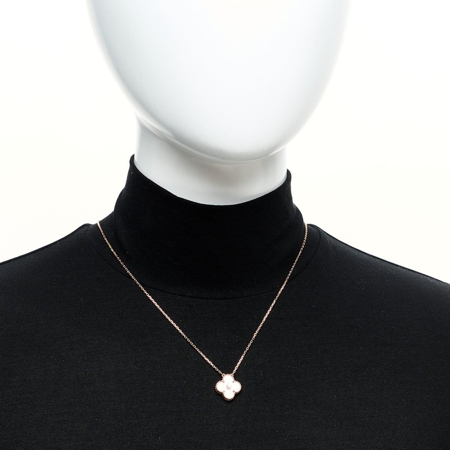 18K Rose Gold Diamond Pink Porcelain Vintage Alhambra Pendant Necklace