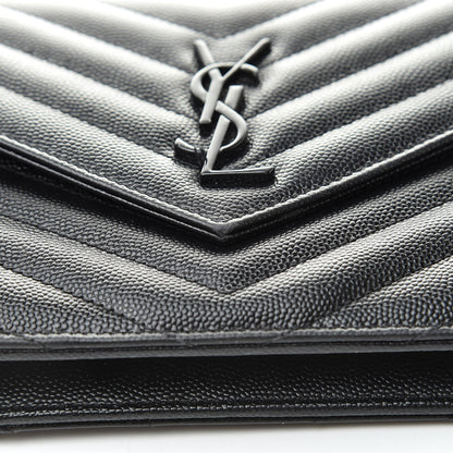 Saint Laurent Grain De Poudre Matelasse Chevron Monogram Envelope Chain Wallet Black 12 of 13