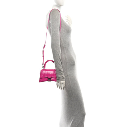 Balenciaga Shiny Calfskin Crocodile Embossed Hourglass Top Handle Bag XS Lipstick Pink 2 of 11