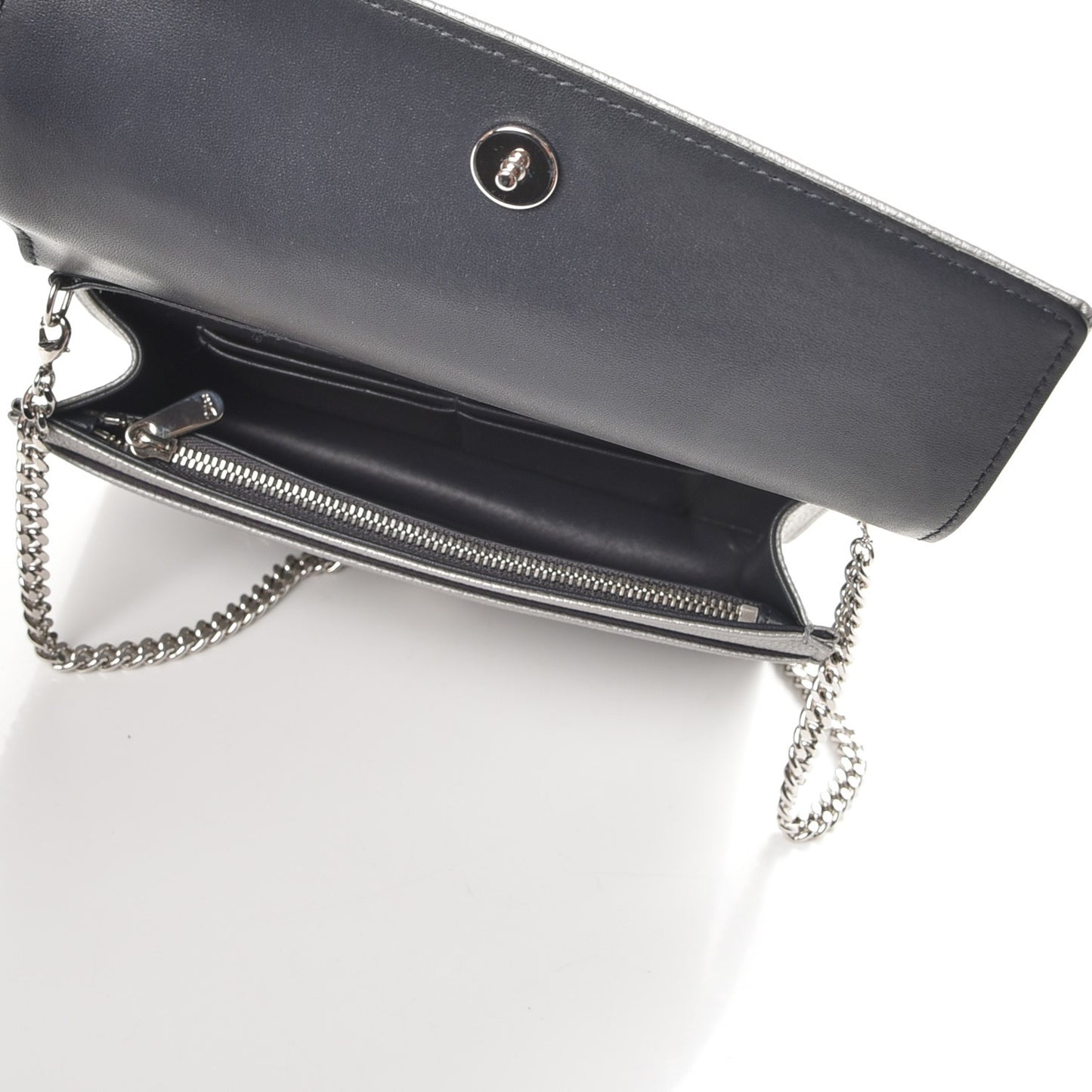 Metallic Grained Calfskin Diorama Wallet on Chain Pouch Silver