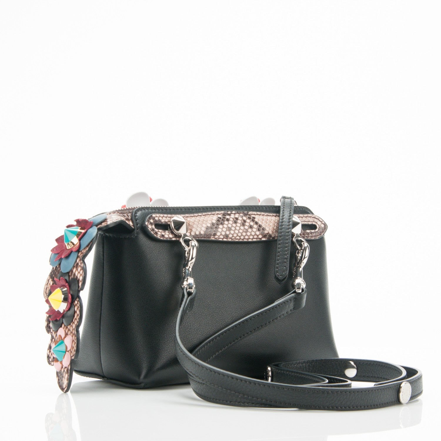 Fendi Vitello Dolce Snakeskin Nappa Croc Tail Flowerland Studded Mini By The Way Boston Bag Black Natural Multicolor 3 of 7