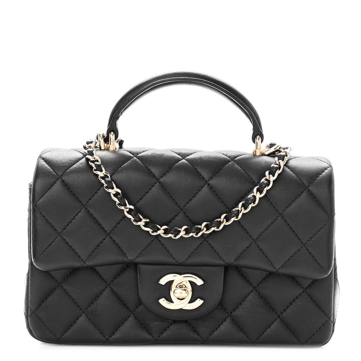 Lambskin Quilted Mini Top Handle Rectangular Flap Black