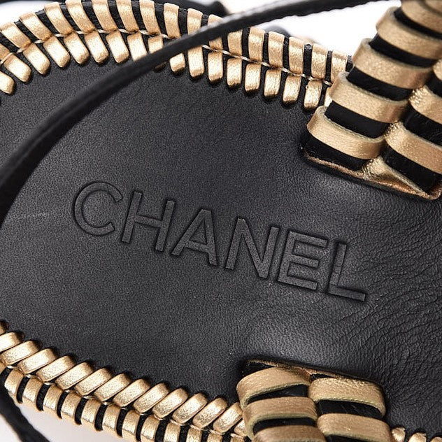 Chanel Metallic Lambskin Calfskin Braided Thong Sandals 40.5 Black Gold 7 of 8