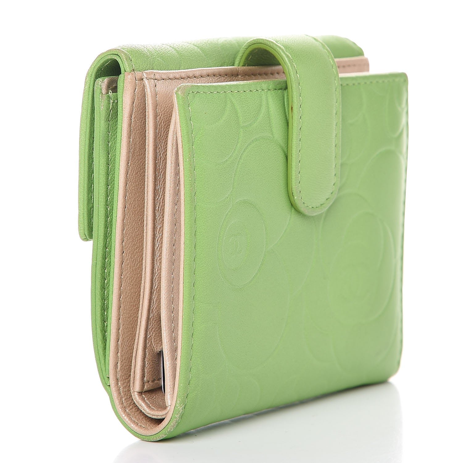 Chanel Lambskin Embossed Camellia French Wallet Light Green 3 of 9