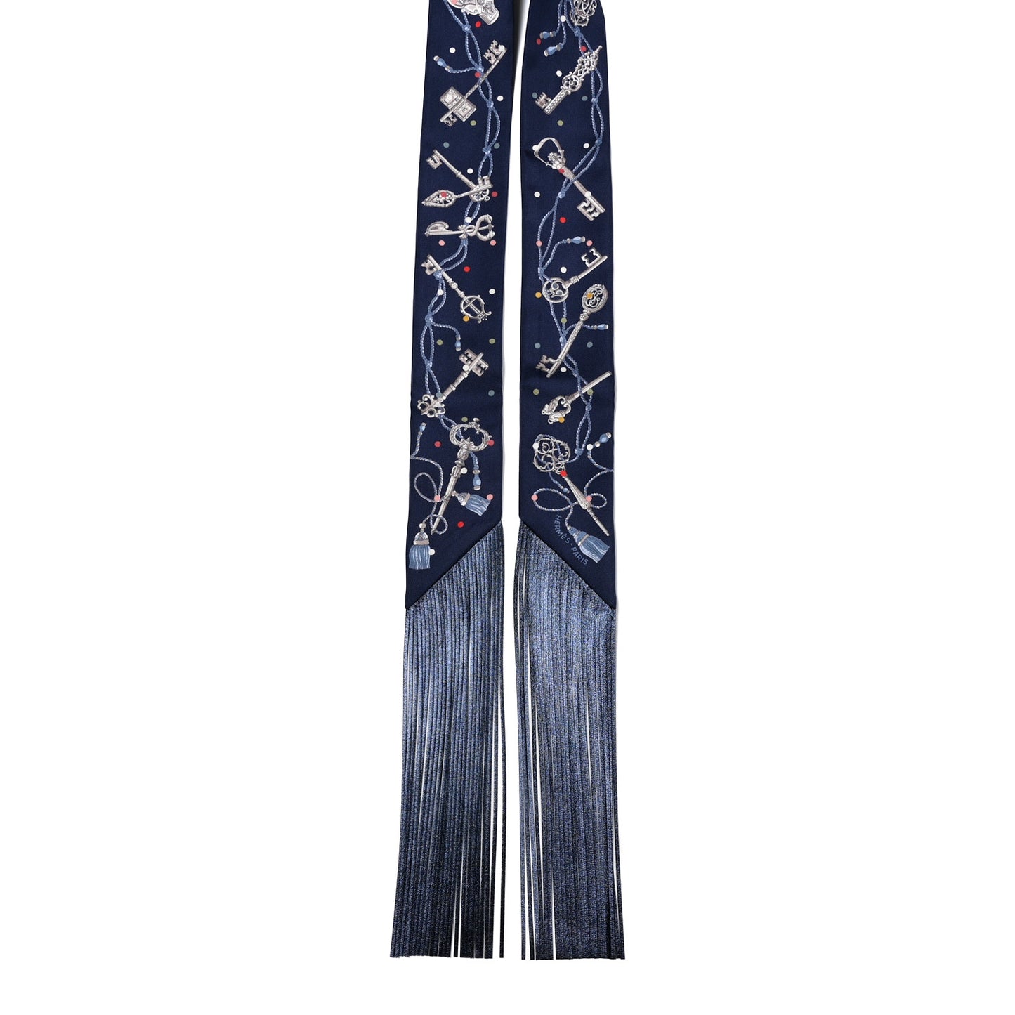 Silk Metallic Agneau Les Cles A Pois Fringed Twilly Bleu Marine Gris Argent Multicolor