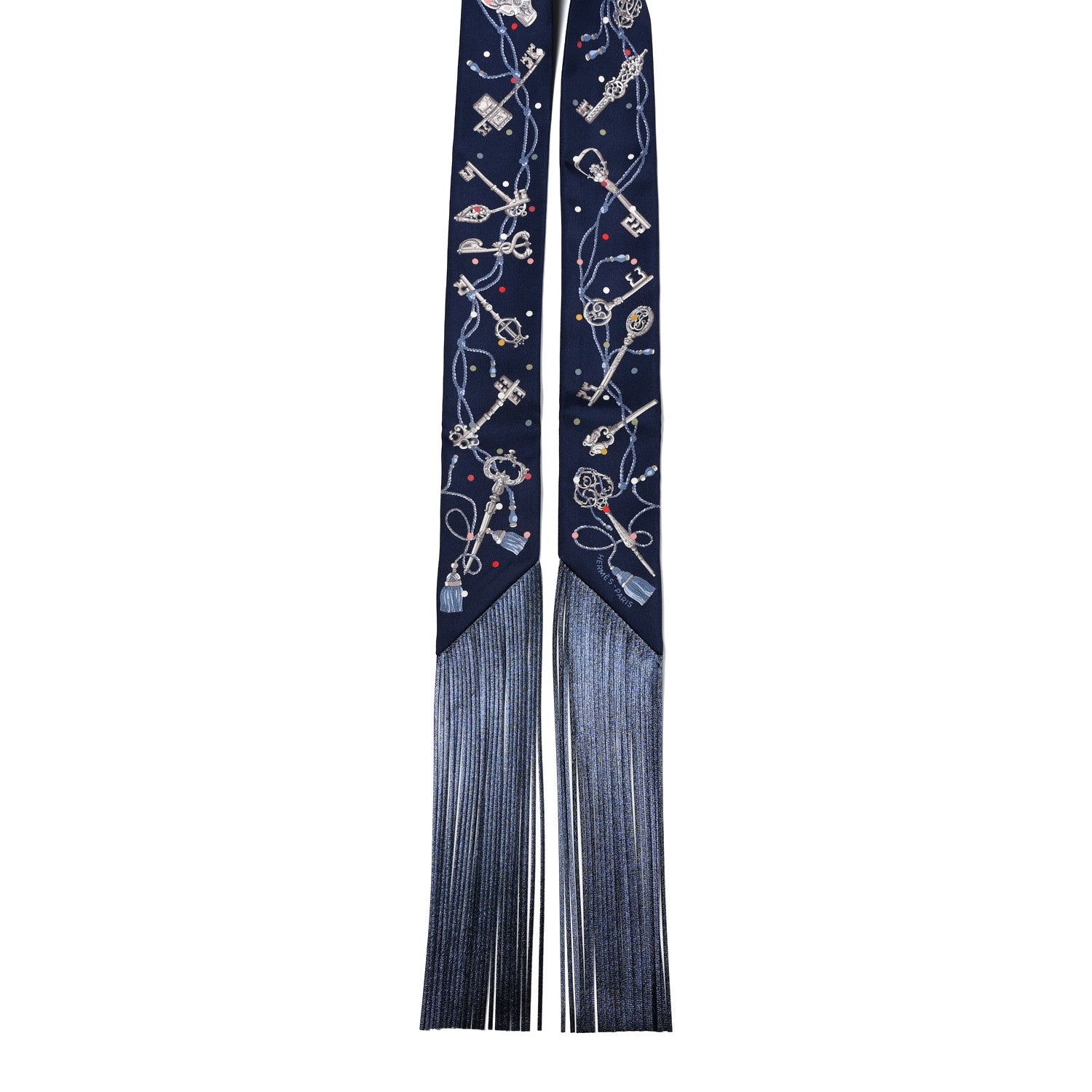 Hermes Silk Metallic Agneau Les Cles A Pois Fringed Twilly Bleu Marine Gris Argent Multicolor 2 of 4