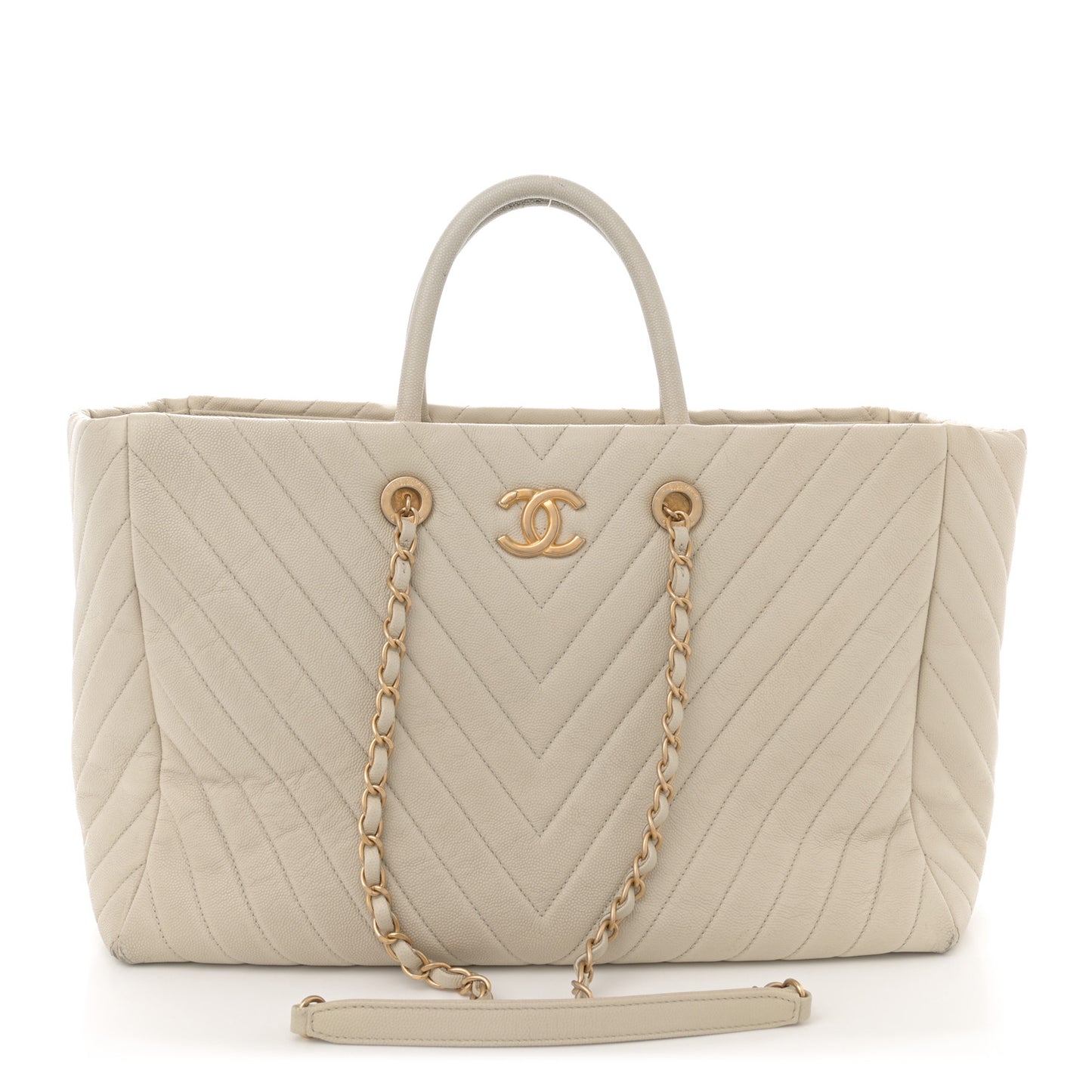 Caviar Chevron Quilted Coco Handle Shopping Tote Ivory