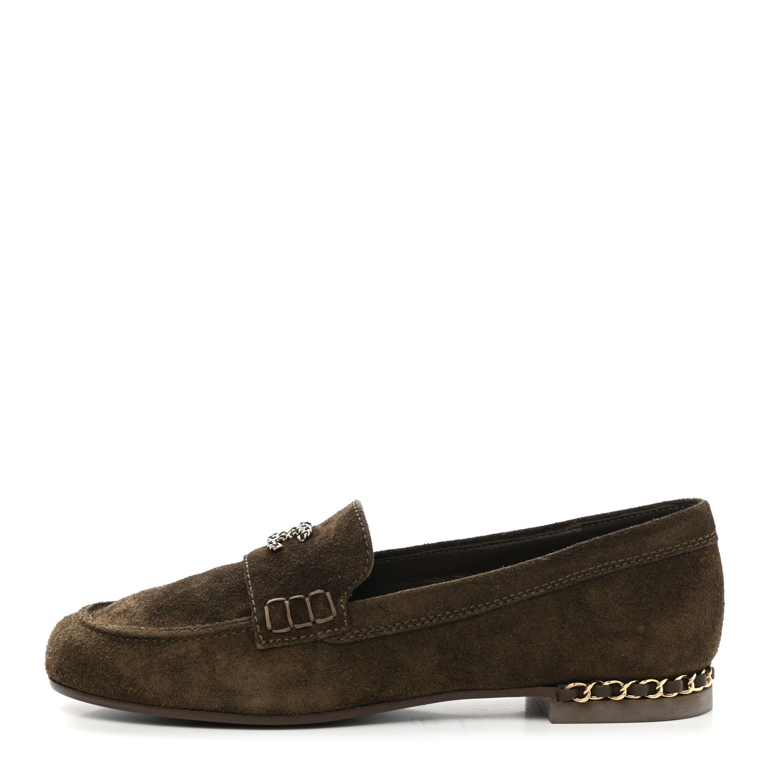 Chanel Suede Calfskin CC Chain Mocassin Loafers 37.5 Brown 1 of 9