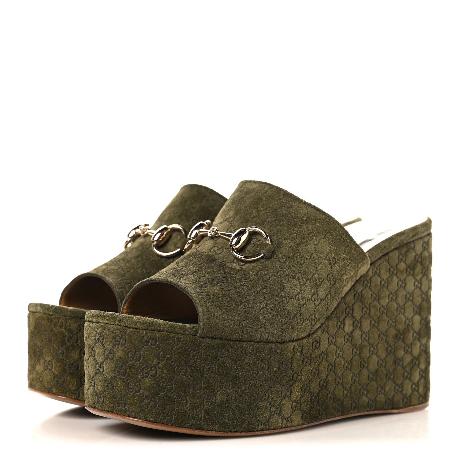 Gucci Suede GG Debossed Horsebit Wedge Sandals 39.5 Forest Green 4 of 10