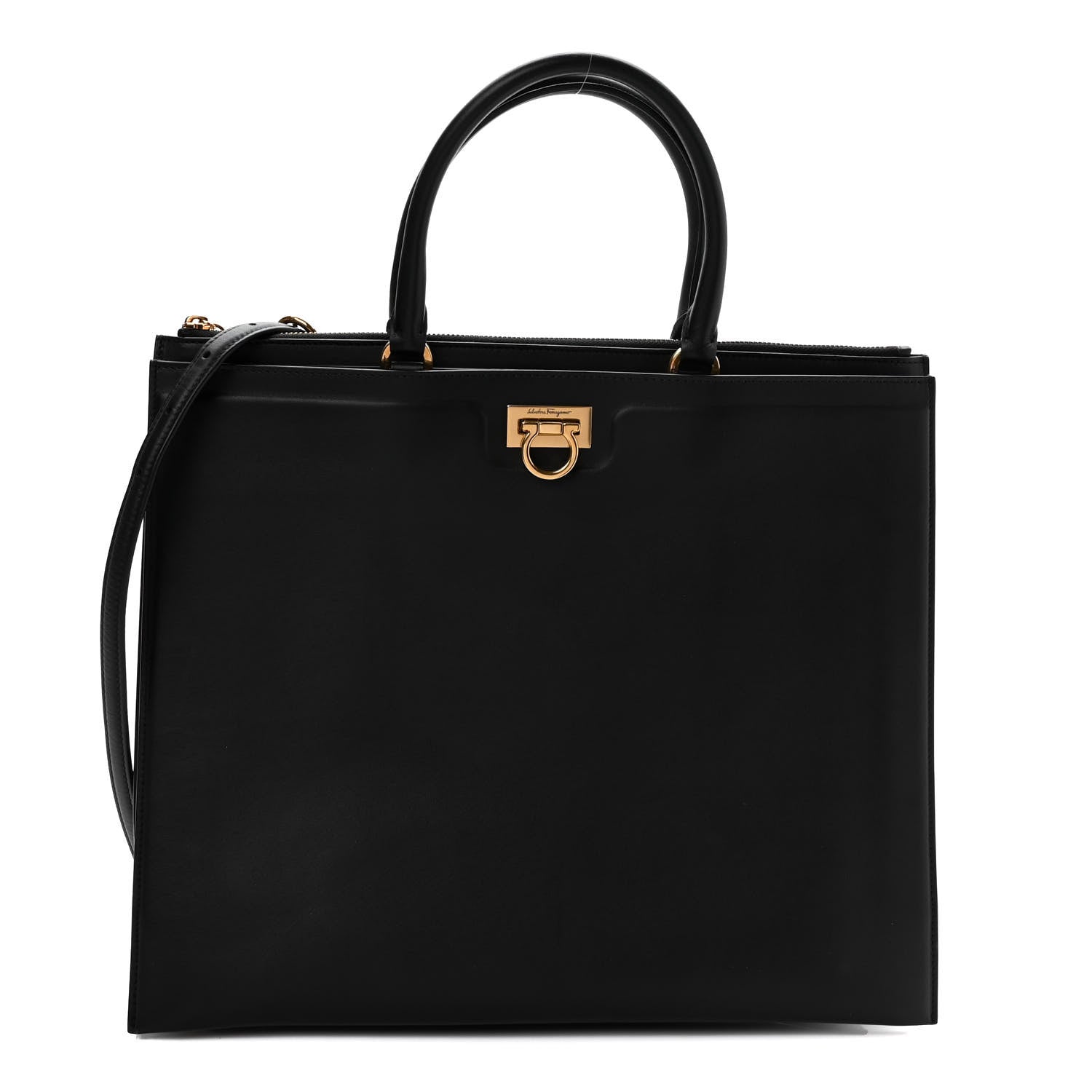 Salvatore Ferragamo Calfskin Gancini Trifolio Top Handle Tote Bag Black 1 of 8