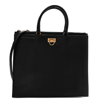 Salvatore Ferragamo Calfskin Gancini Trifolio Top Handle Tote Bag Black 1 of 8