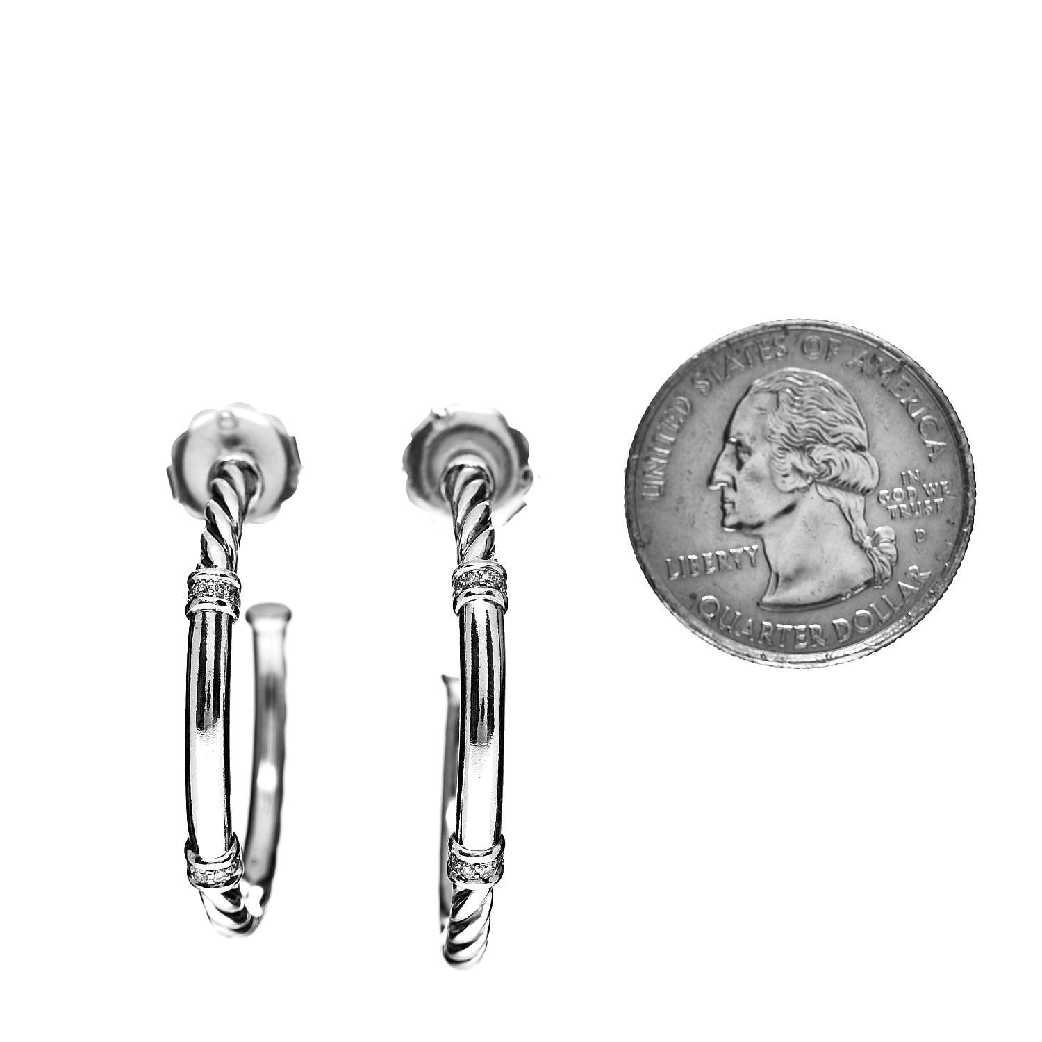 David Yurman Sterling Silver Diamond Metro Hoop Earrings 2 of 4
