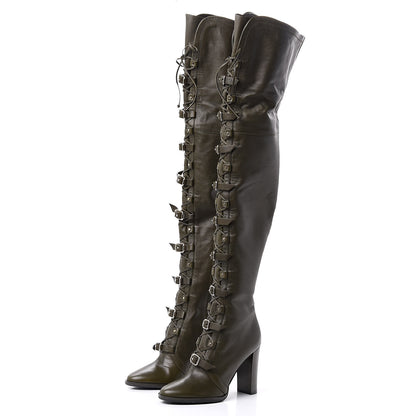 Jimmy Choo Soft Grained Goatskin Maloy 95 Over The Knee Boots 36 Army Green 3 of 7