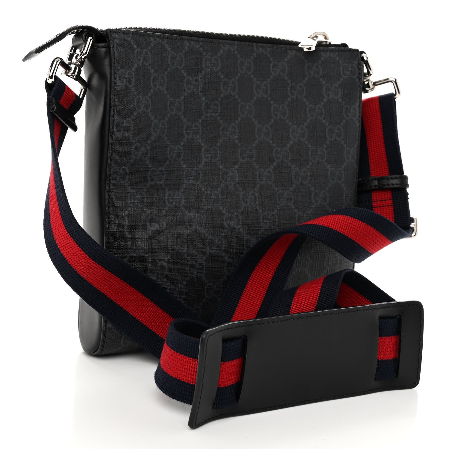 Gucci GG Supreme Monogram Web Small Flat Messenger Bag Black Grey 3 of 10