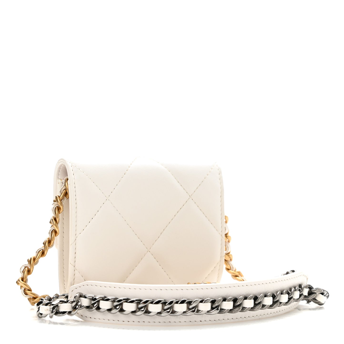 Lambskin Quilted Chanel 19 Flap Coin Purse With Chain White