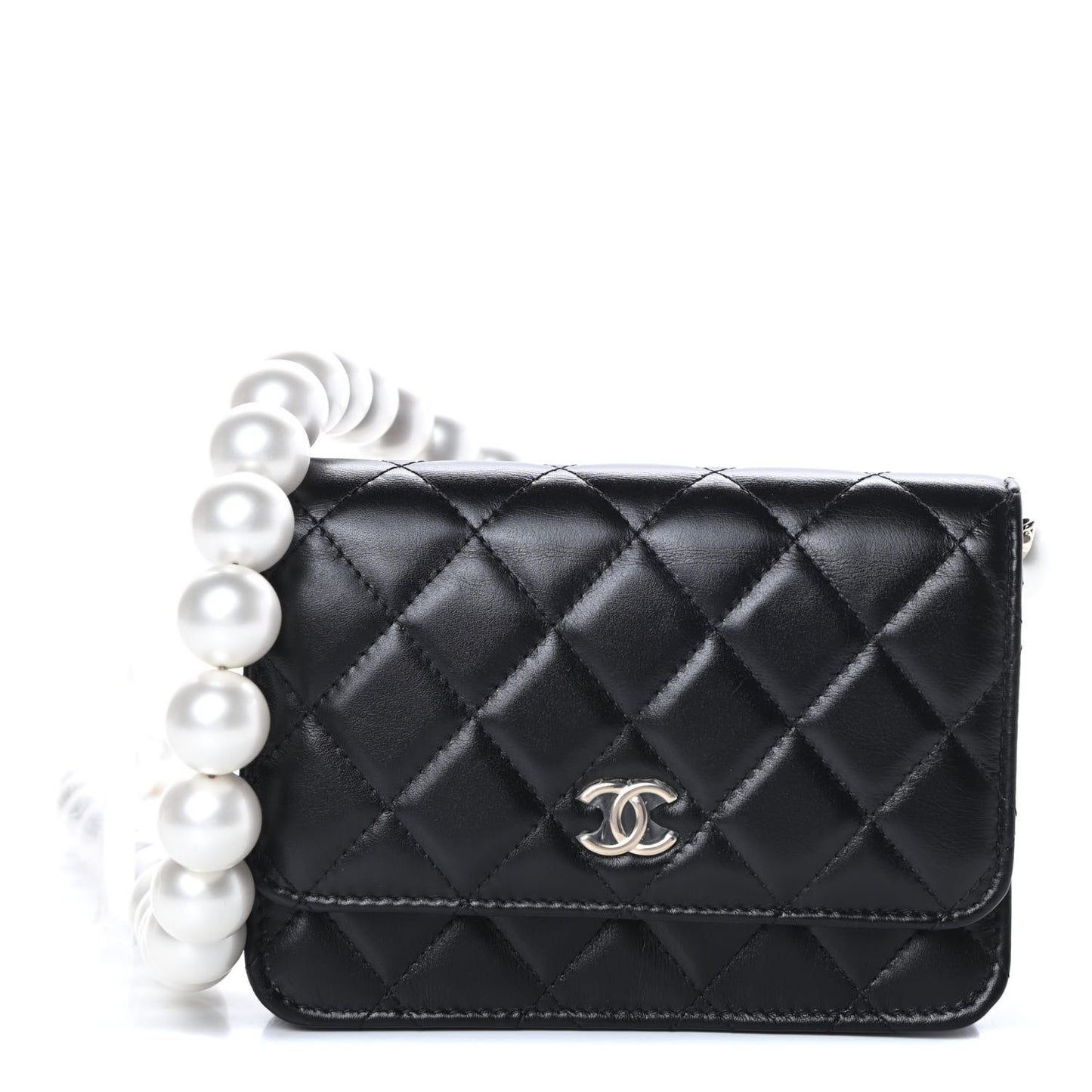 Calfskin Quilted Mini Maxi Pearls Wallet On Chain WOC Black