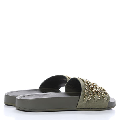 Chanel Canvas Chain Flat Sandals 37 Khaki 4 of 9