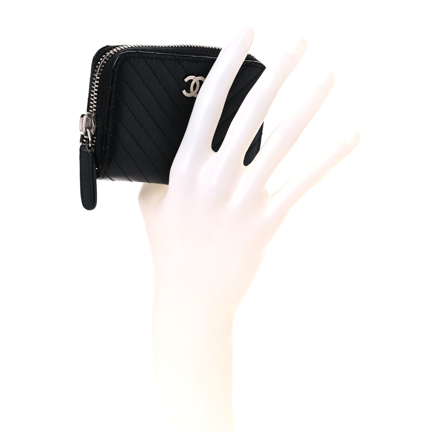 Chanel Caviar Chevron Quilted Zip Around Coin Purse Black 2 of 16