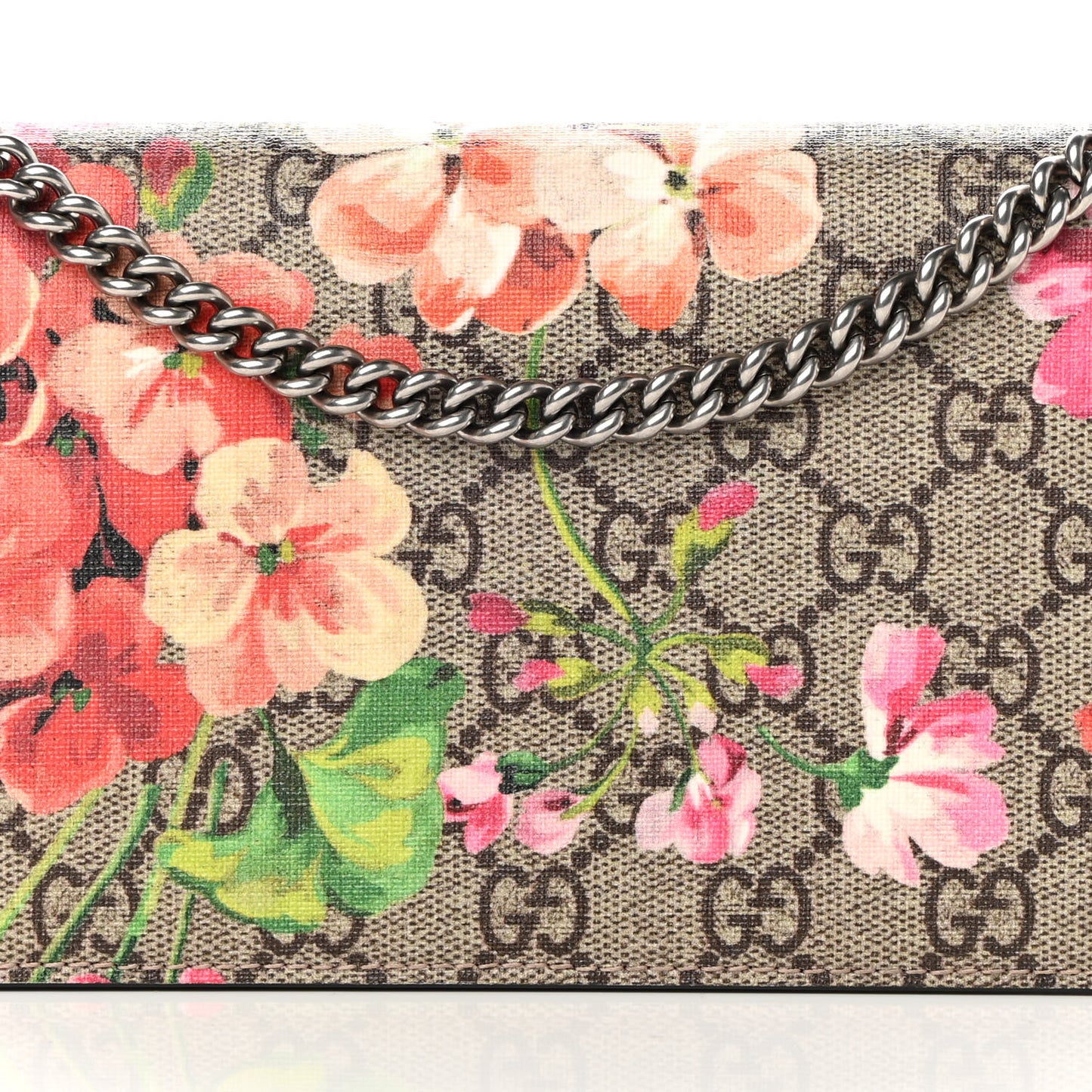 GG Supreme Monogram Blooms Chain Wallet Beige Multicolor Dry Rose