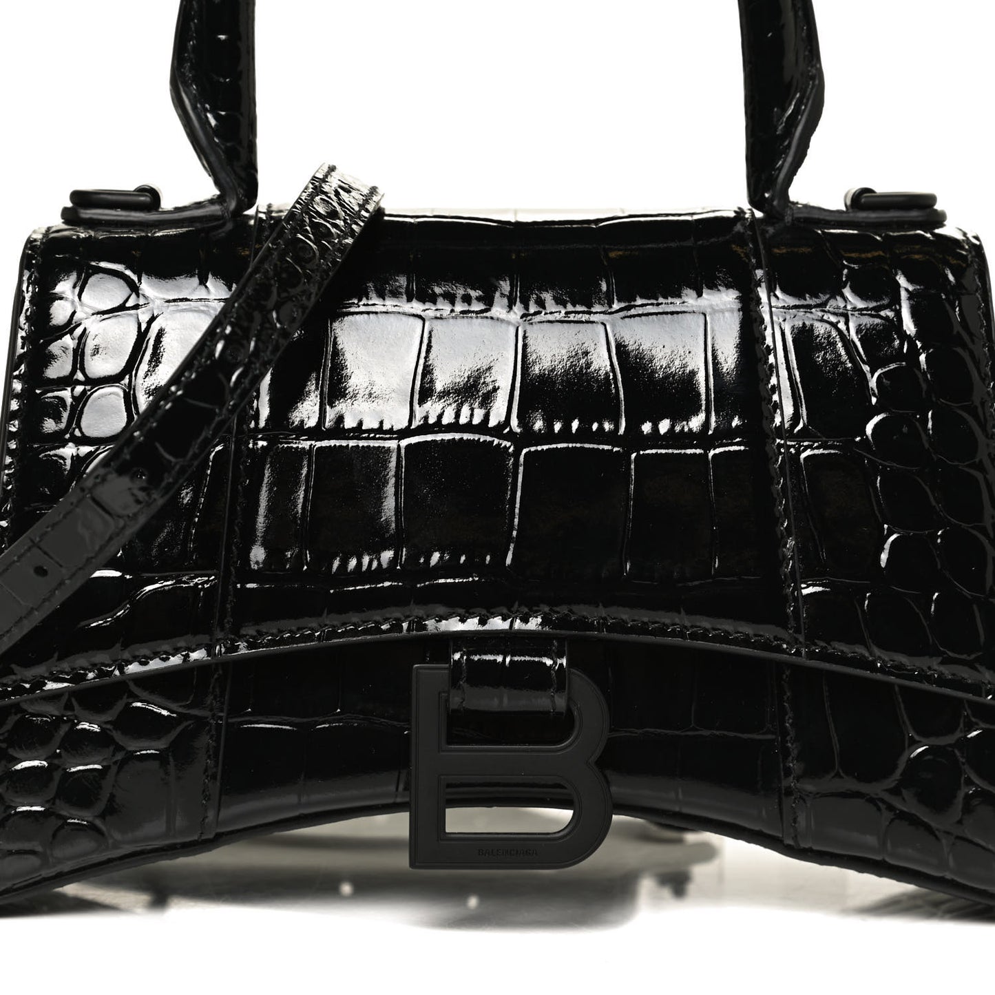 Shiny Calfskin Monochrome Crocodile Embossed Hourglass Top Handle Bag XS Black