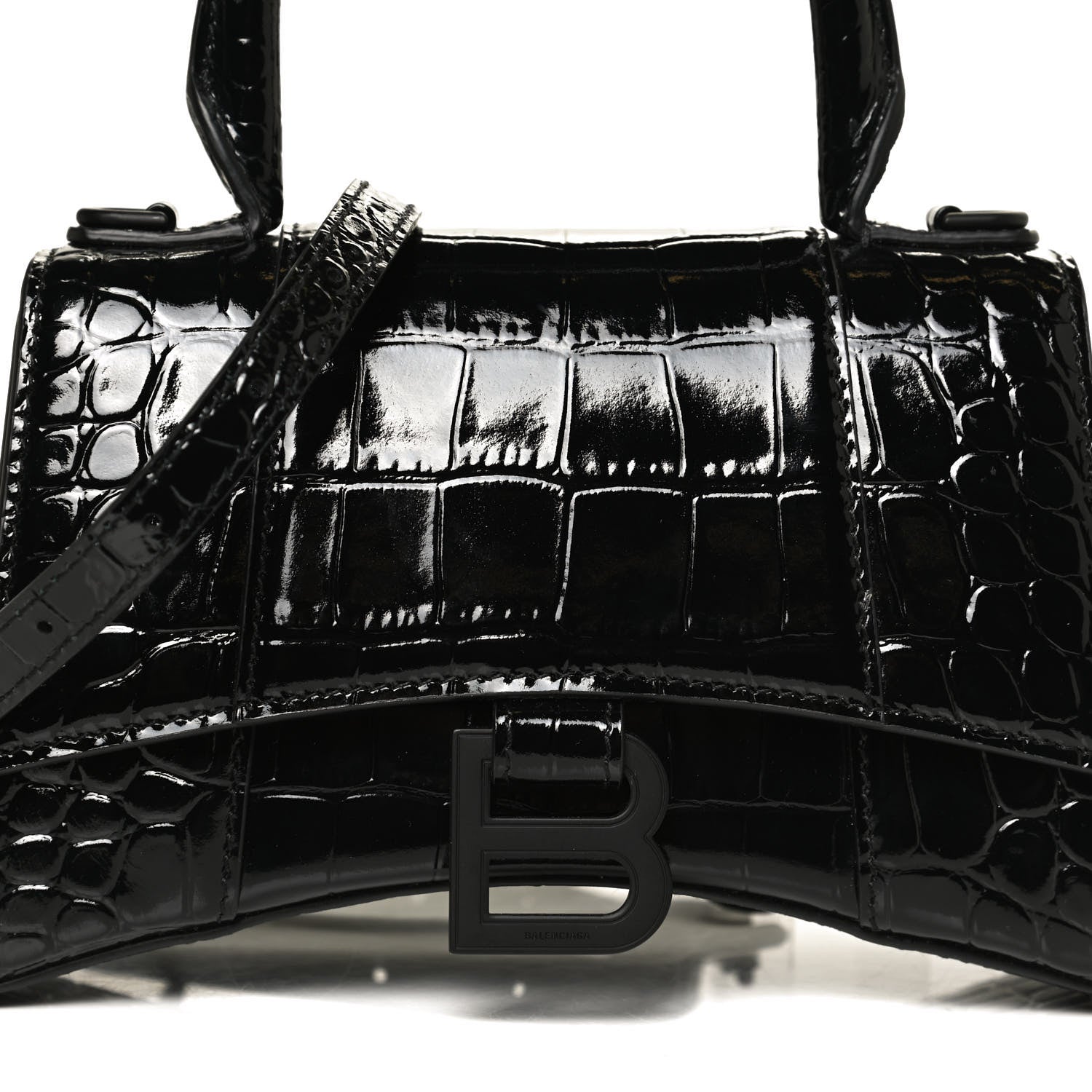 Balenciaga Shiny Calfskin Monochrome Crocodile Embossed Hourglass Top Handle Bag XS Black 9 of 11