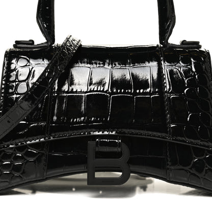 Balenciaga Shiny Calfskin Monochrome Crocodile Embossed Hourglass Top Handle Bag XS Black 9 of 11
