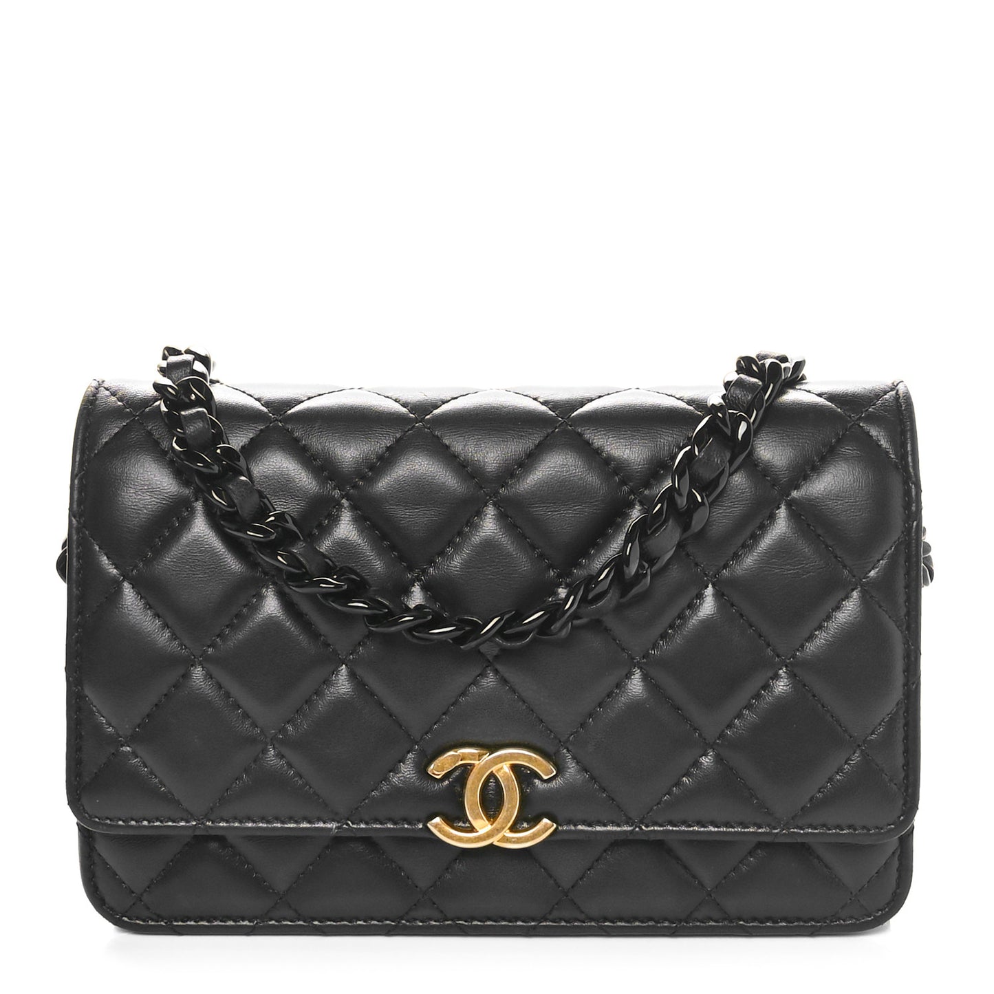 Lambskin Resin Quilted Wallet On Chain WOC Black