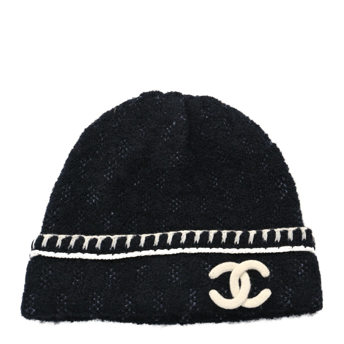 Cashmere Wool Silk CC Beanie Hat Black White