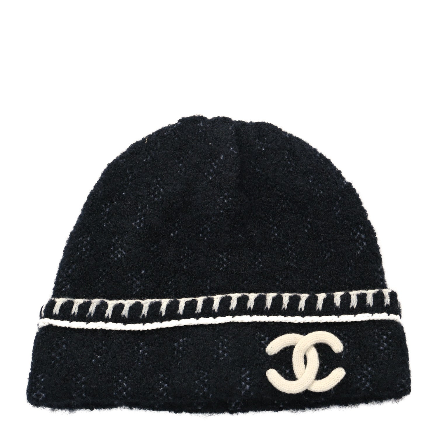 Chanel Cashmere Wool Silk CC Beanie Hat Black White 1 of 4