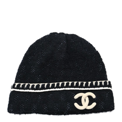 Chanel Cashmere Wool Silk CC Beanie Hat Black White 1 of 4