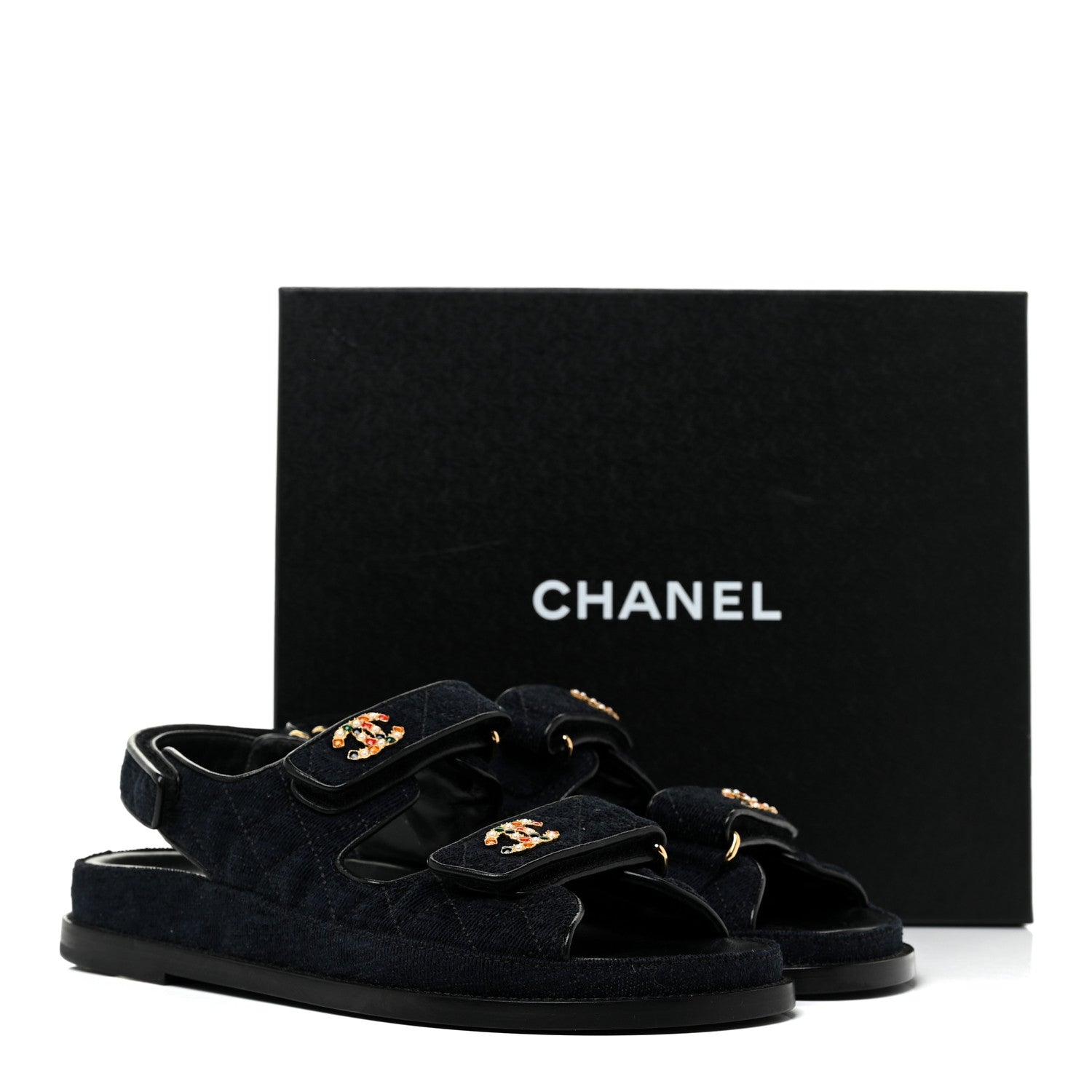 Chanel Velvet Velcro Dad Sandals 38.5 Navy Blue 8 of 8